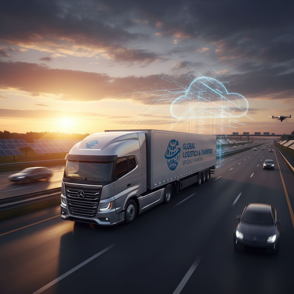 Moderner LKW auf österreichischer Autobahn bei Sonnenuntergang